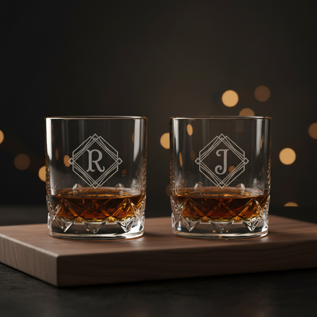 Monogrammed whisky glasses for corporate event