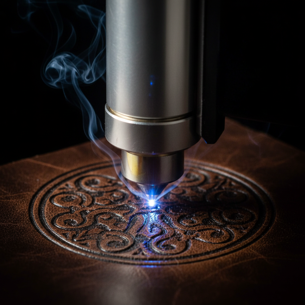 Close-up detail of laser engraving on leather