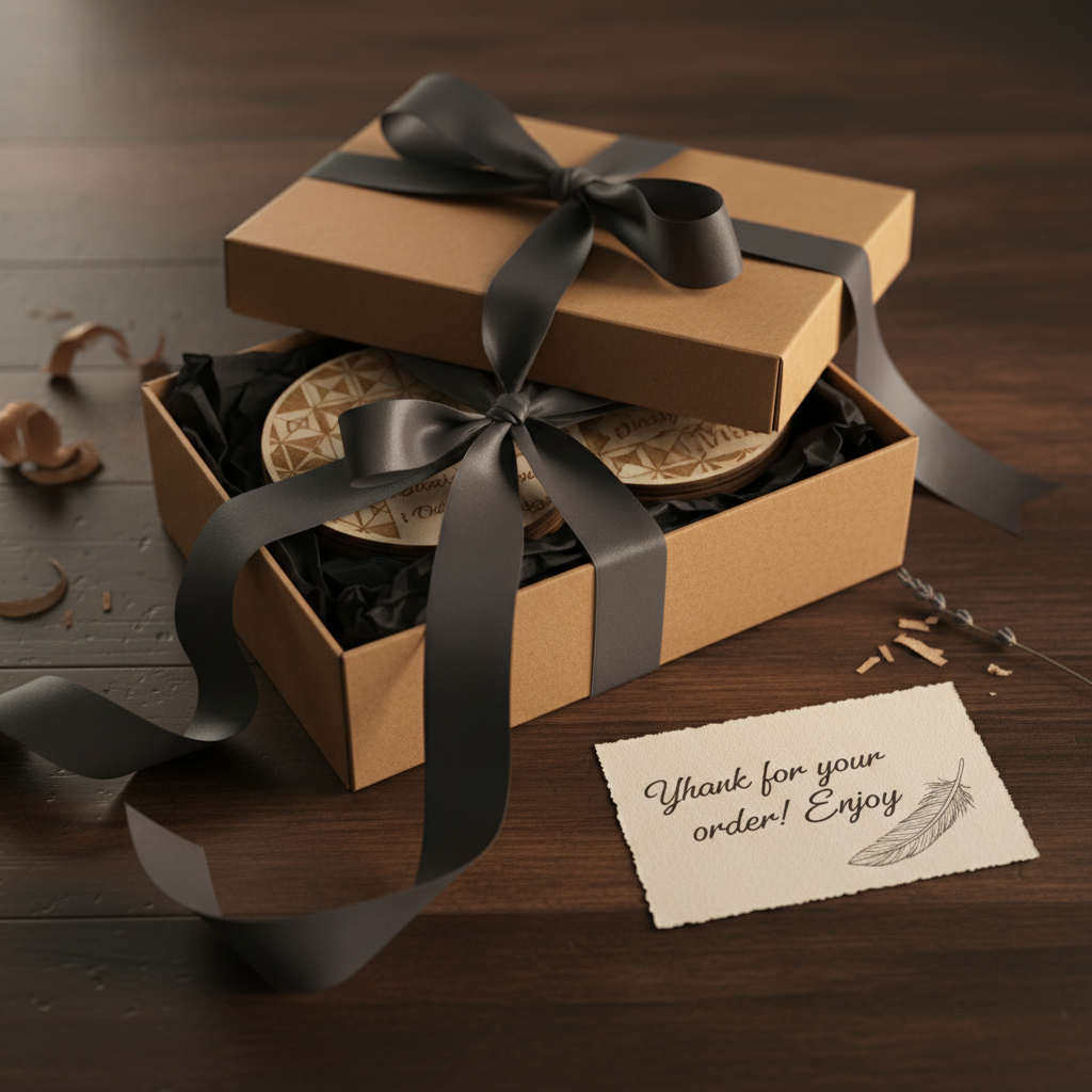 Custom gift packaging with engraved wooden pieces