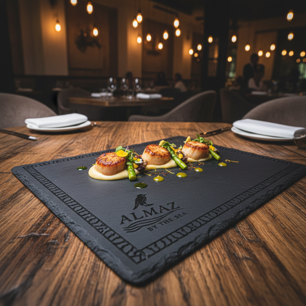 Laser-engraved branded slate serving board for restaurant