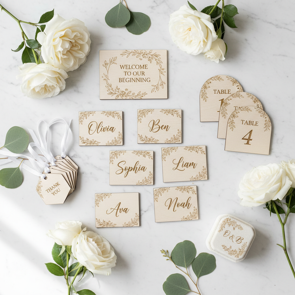 Laser engraved wedding arch signage